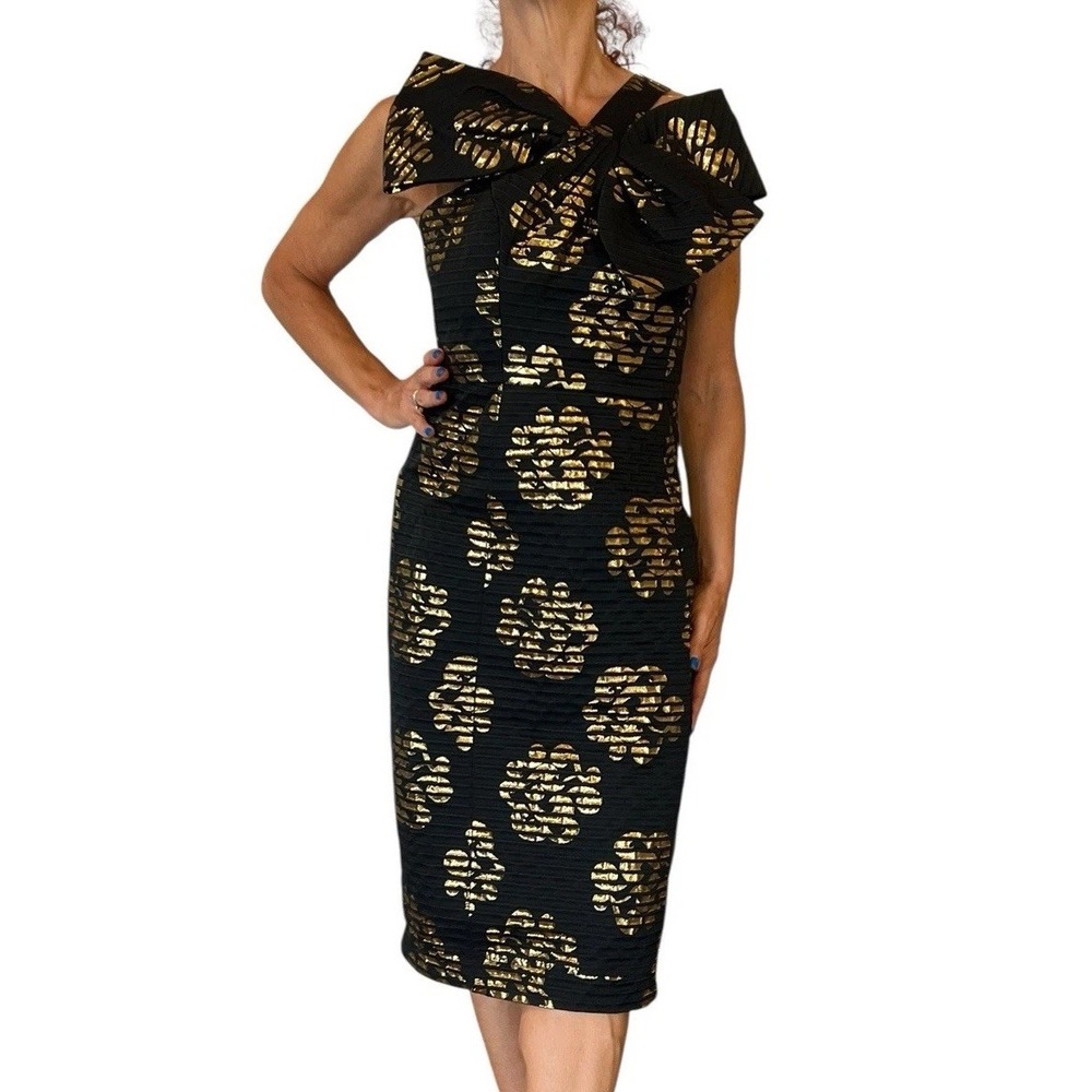 Milly New York Black Gold Metallic Floral Jacquard Bow One Shoulder  Dress 6